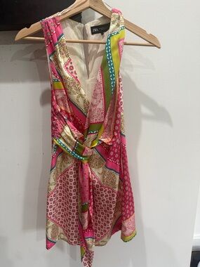 Zara Hot Pink, Cream and Green Patterned Wrap Dress